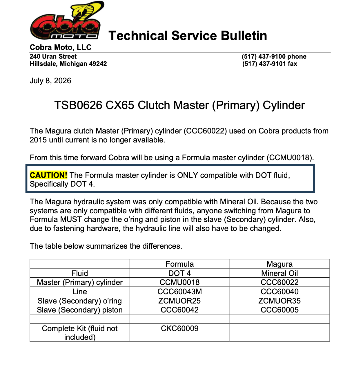 CX65 MASTER CYLINDER- CLUTCH 10MM- DOT